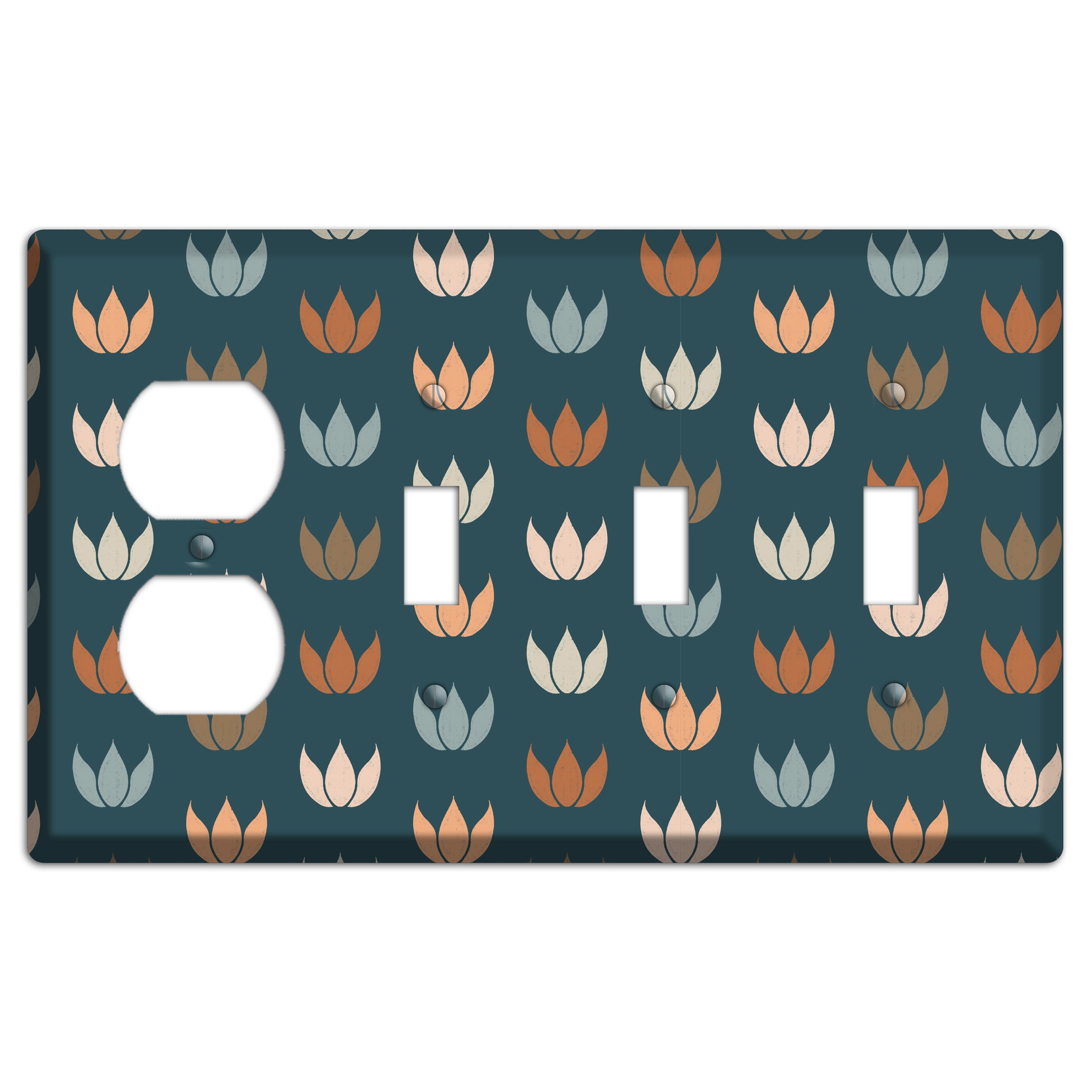 Teal Lotus Print Duplex / 3 Toggle Wallplate