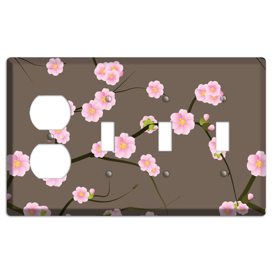 Pink and Brown Cherry Blossoms Duplex / 3 Toggle Wallplate