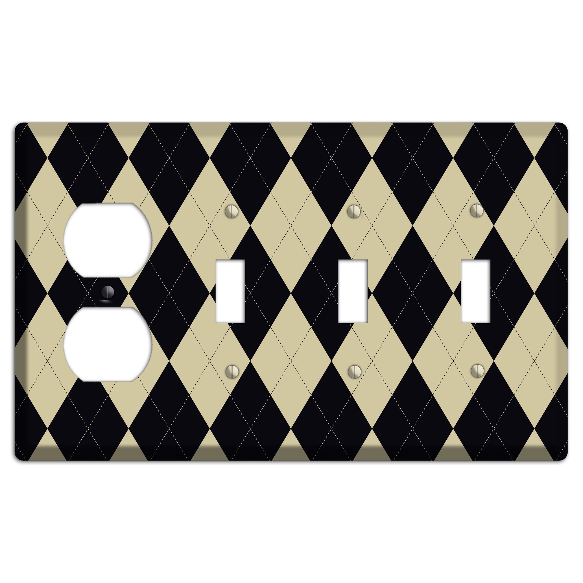Tan and Black Argyle Duplex / 3 Toggle Wallplate