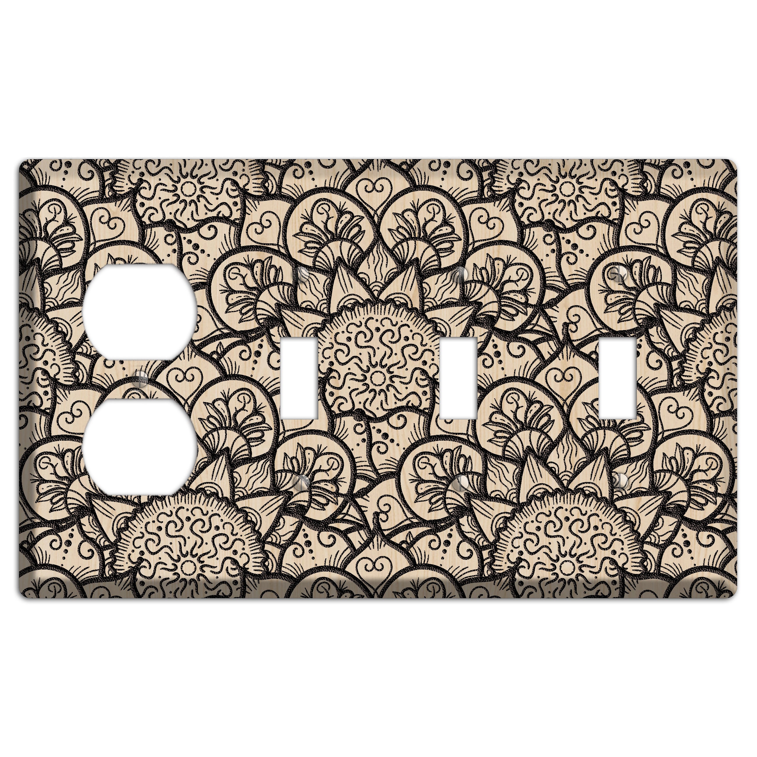 Mandala Black and White Style N Wood Lasered Duplex / 3 Toggle Wallplate