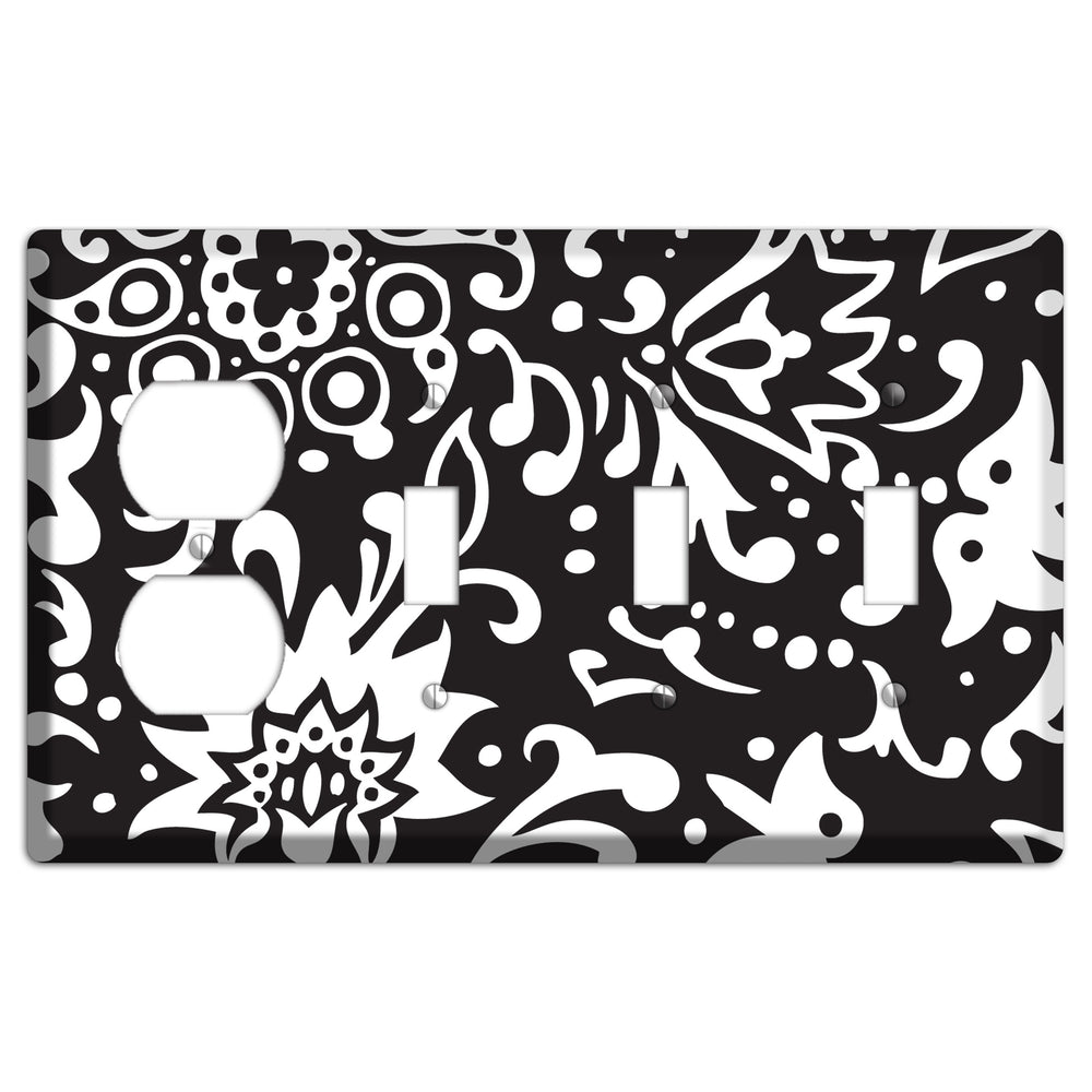 Black with White Boteh Duplex / 3 Toggle Wallplate