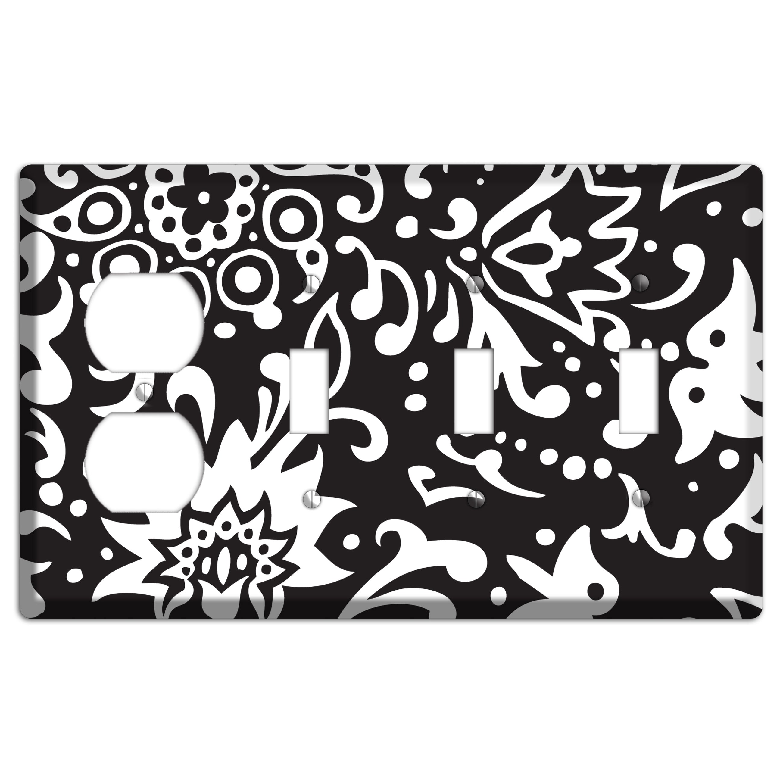 Black with White Boteh Duplex / 3 Toggle Wallplate