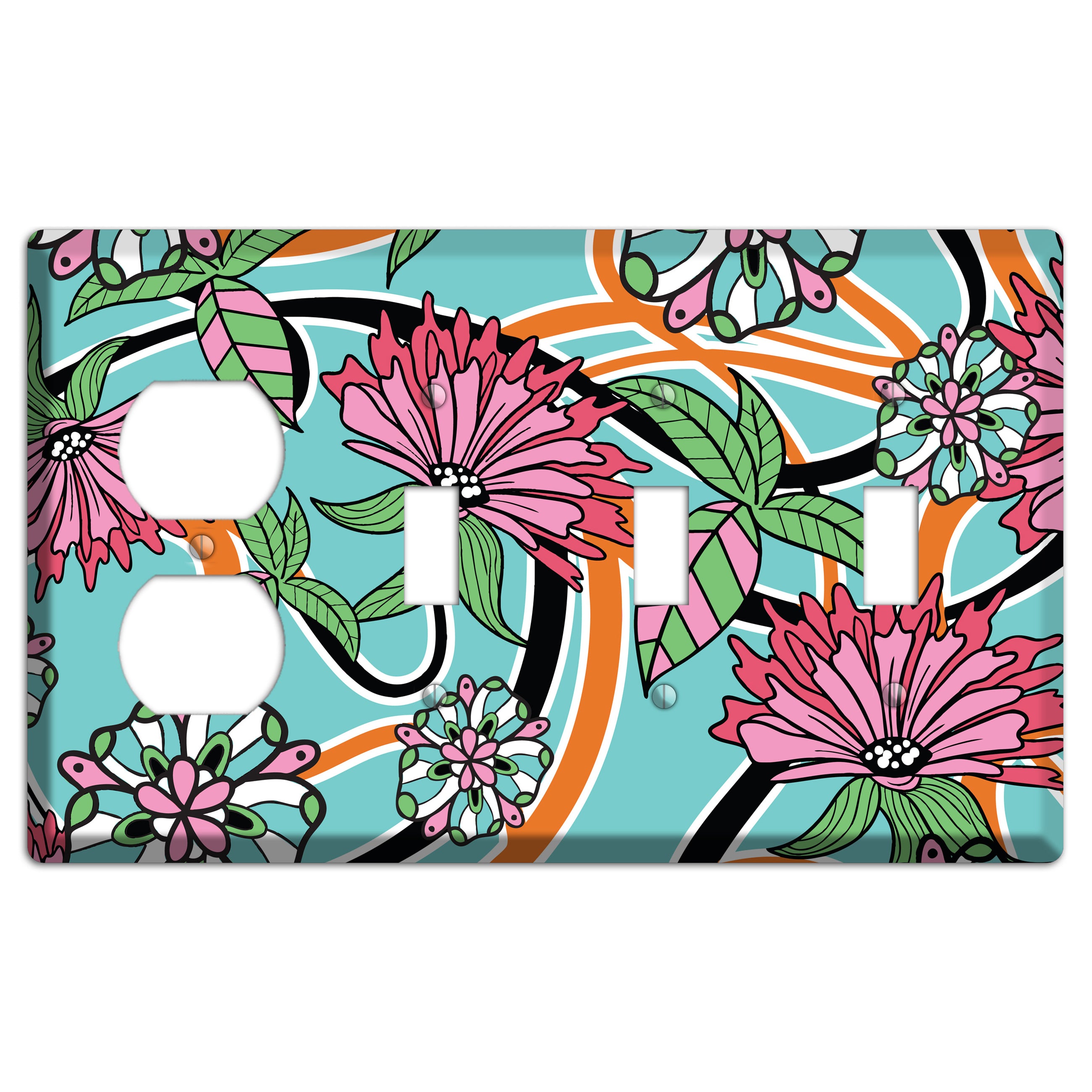 Turquoise with Pink Flowers Duplex / 3 Toggle Wallplate