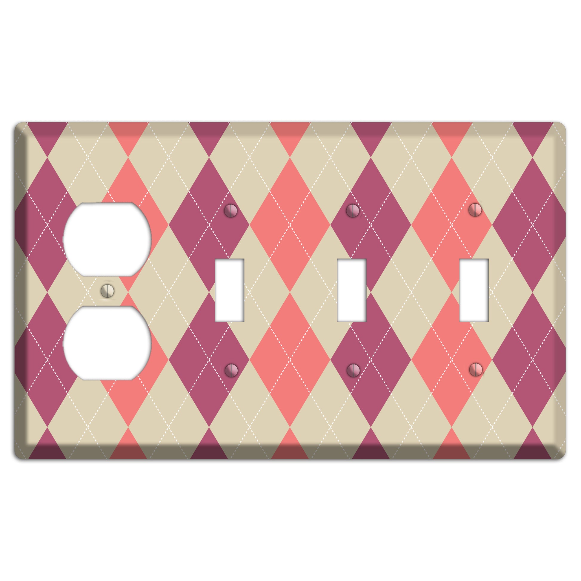 Pink and Tan Argyle Duplex / 3 Toggle Wallplate