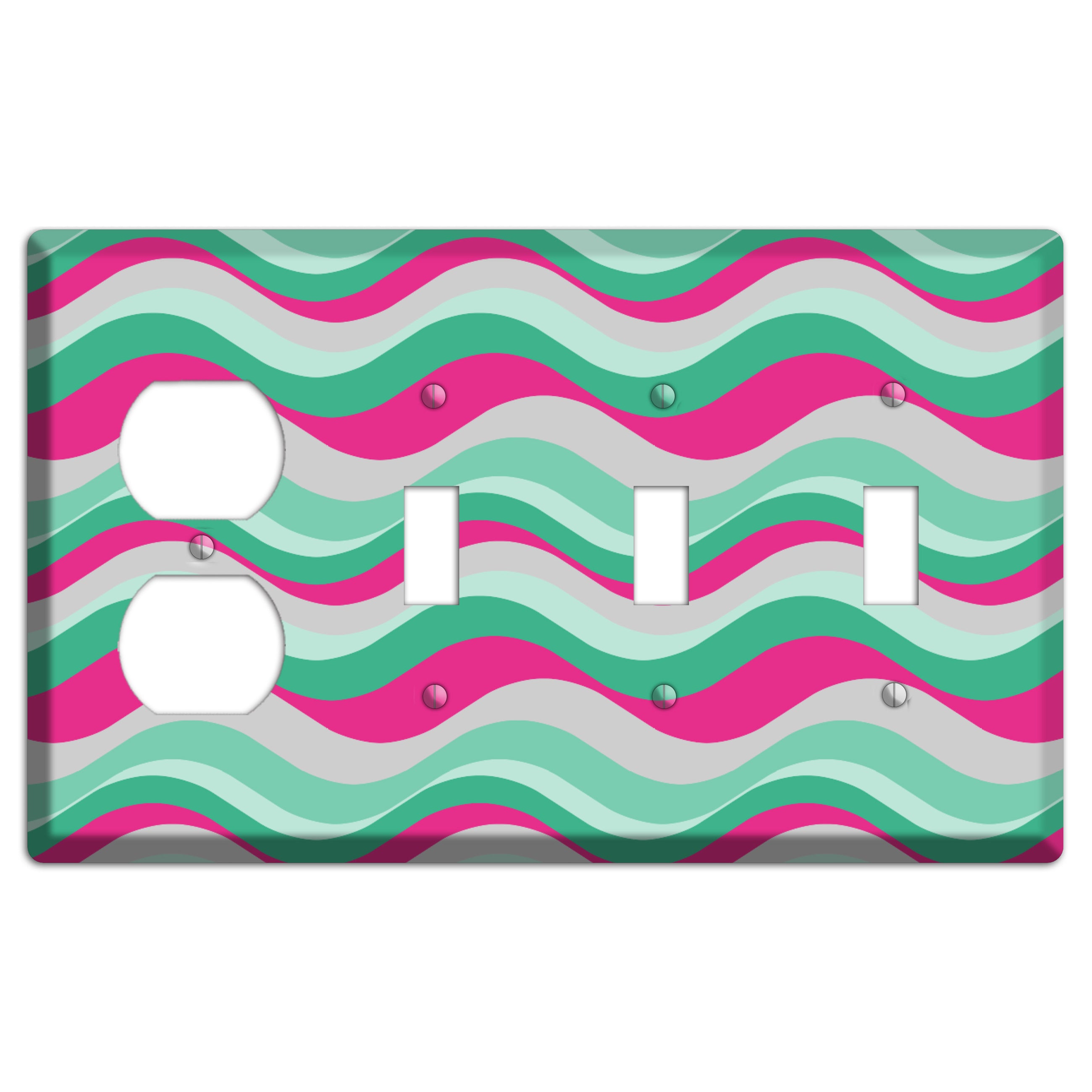 Grey Fuschia and Multi Aqua Retro Waves Duplex / 3 Toggle Wallplate