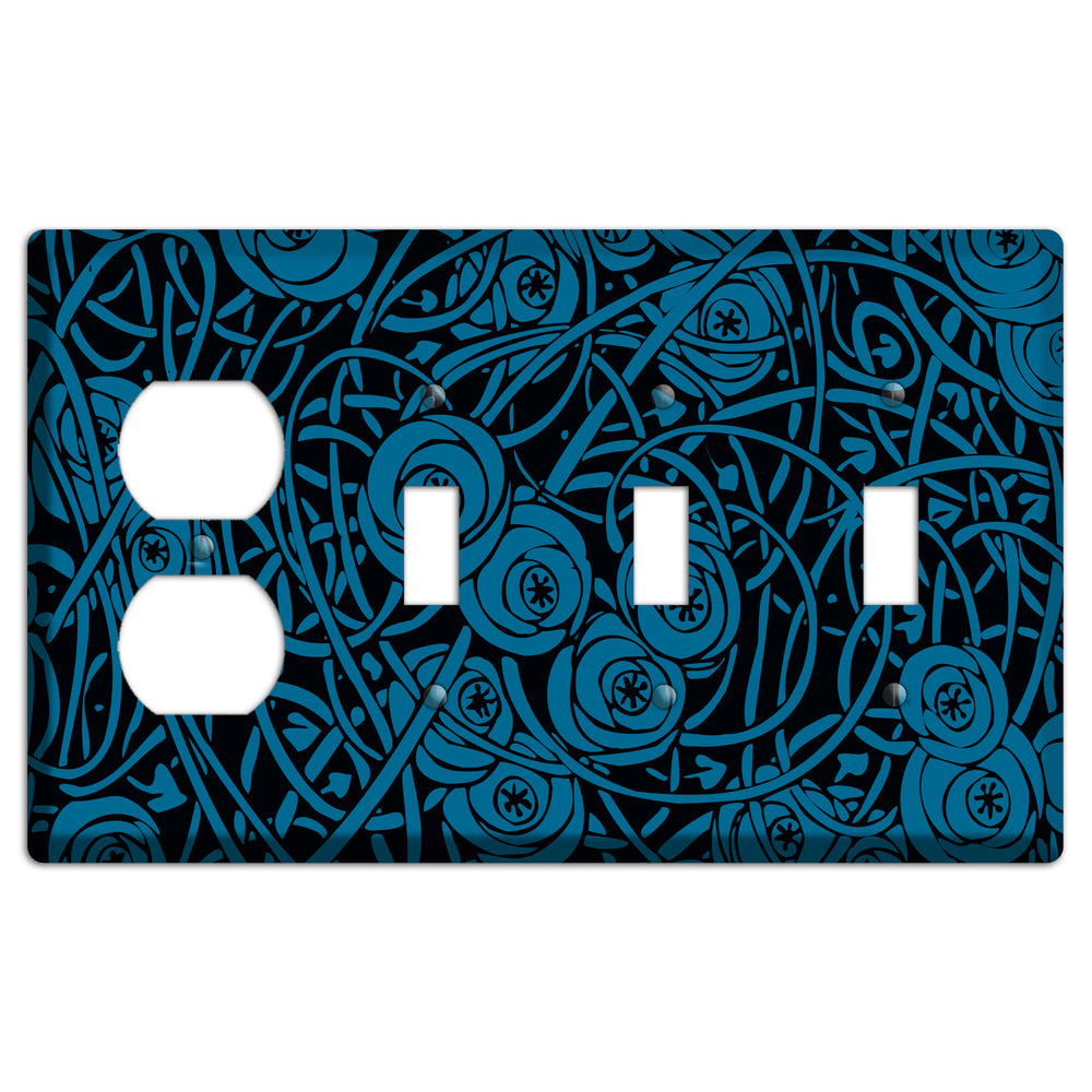 Black and Blue Deco Floral Duplex / 3 Toggle Wallplate