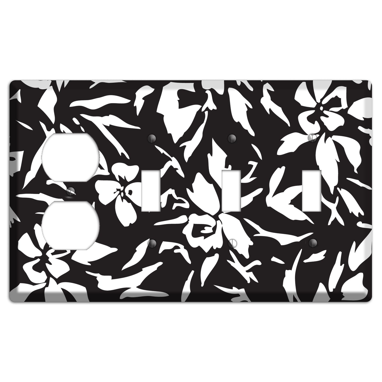 Black with White Woodcut Floral Duplex / 3 Toggle Wallplate