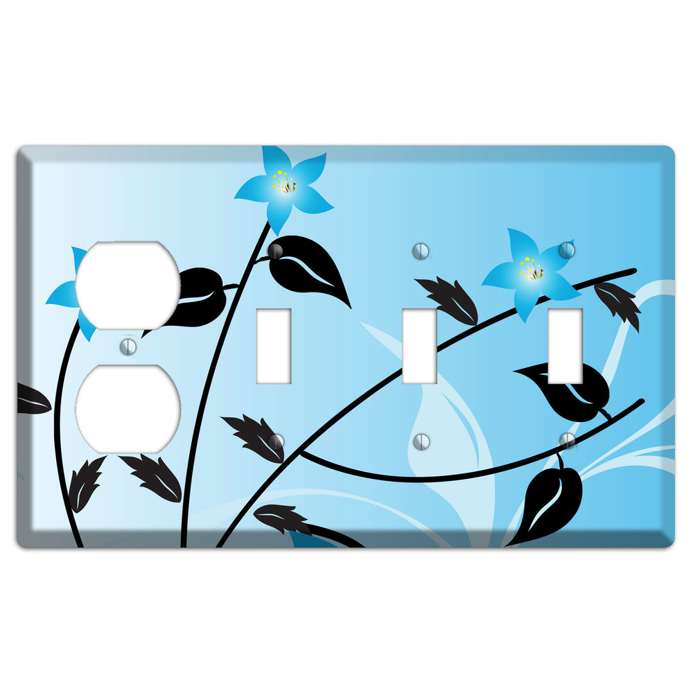 Blue Double Sprig Duplex / 3 Toggle Wallplate