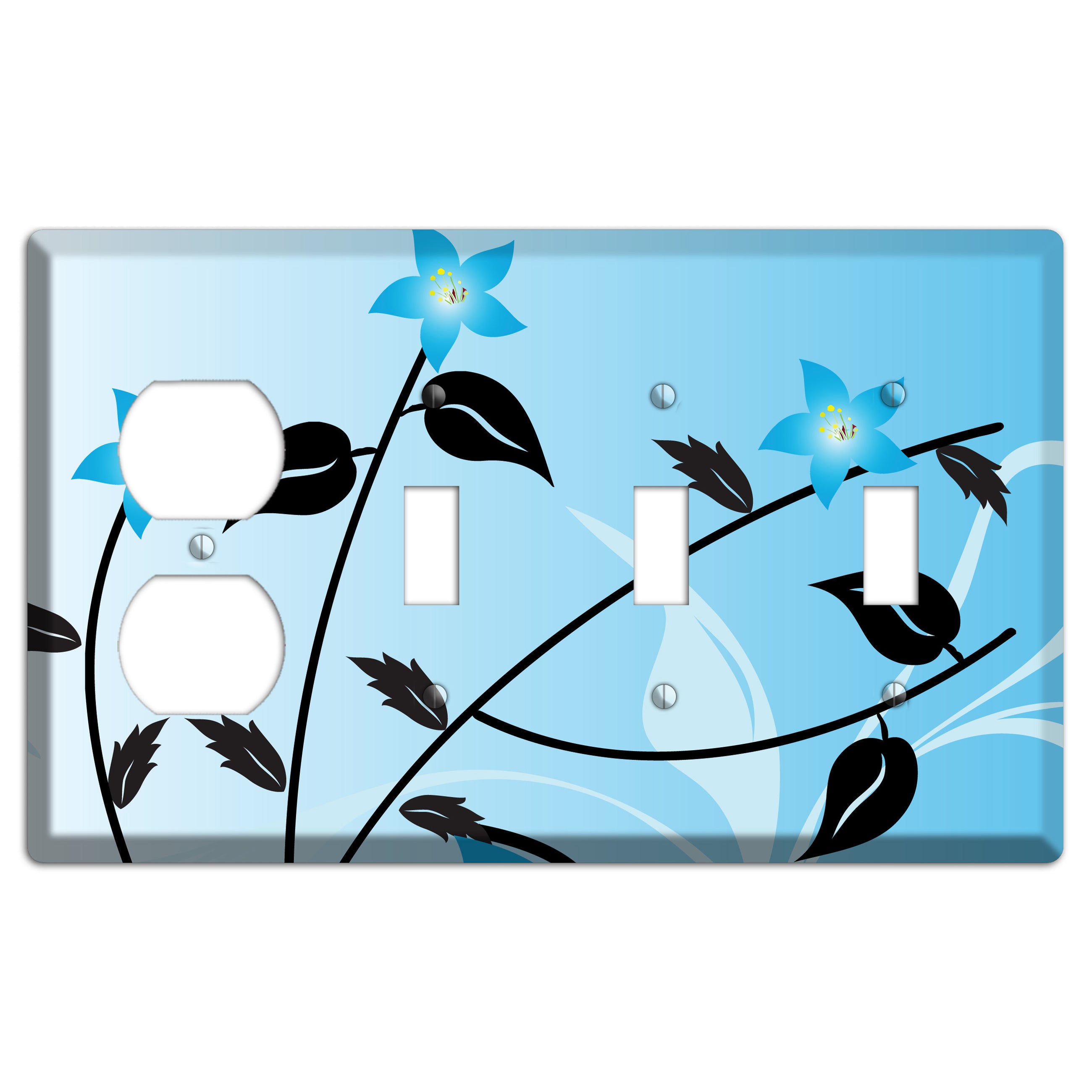 Blue Double Sprig Duplex / 3 Toggle Wallplate