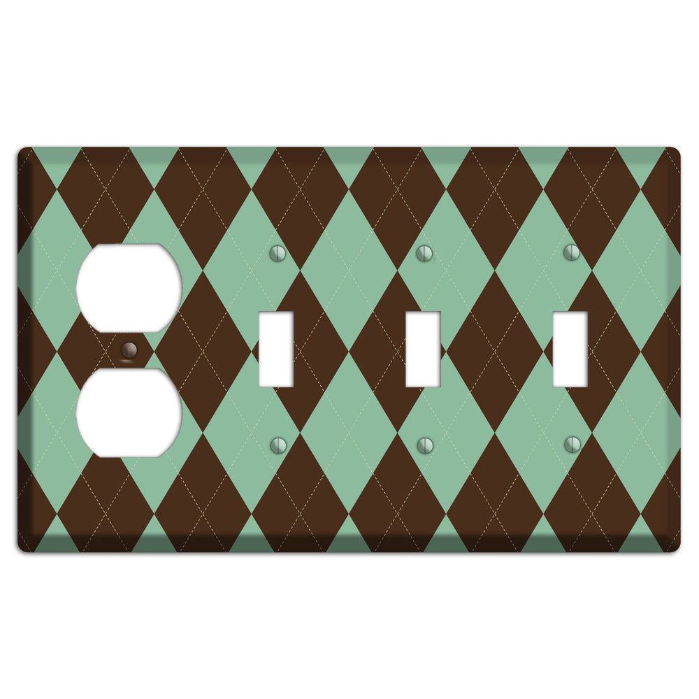 Green and Brown Argyle Duplex / 3 Toggle Wallplate