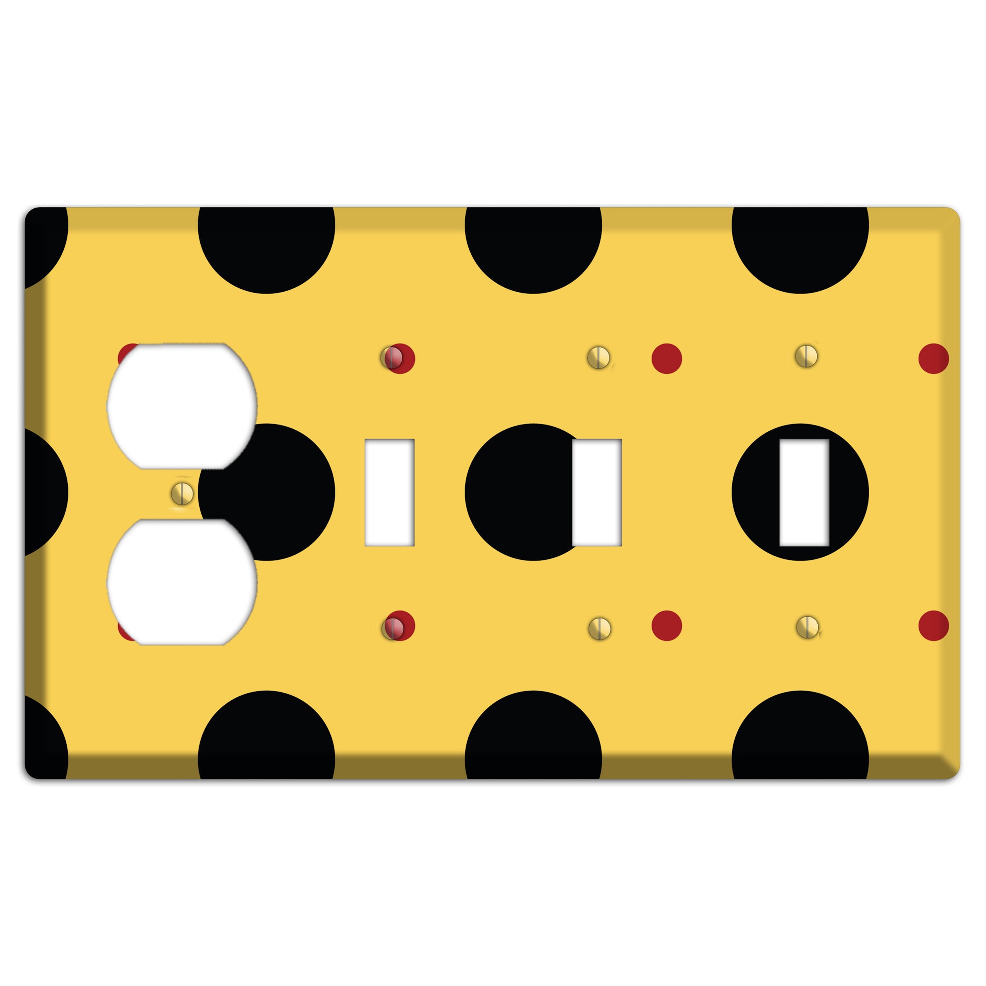 Yellow with Black and Red Multi Tiled Medium Dots Duplex / 3 Toggle Wallplate