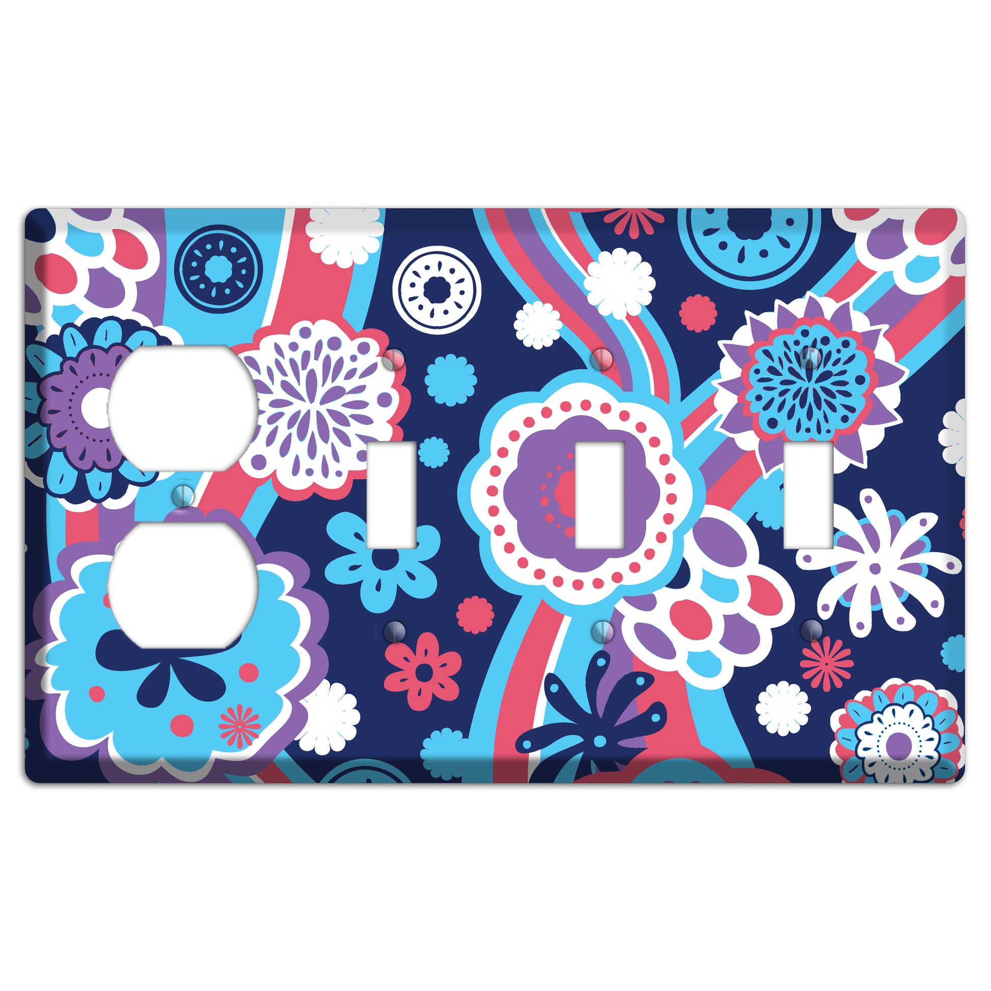 Blue Purple and Pink Retro Suzani Duplex / 3 Toggle Wallplate