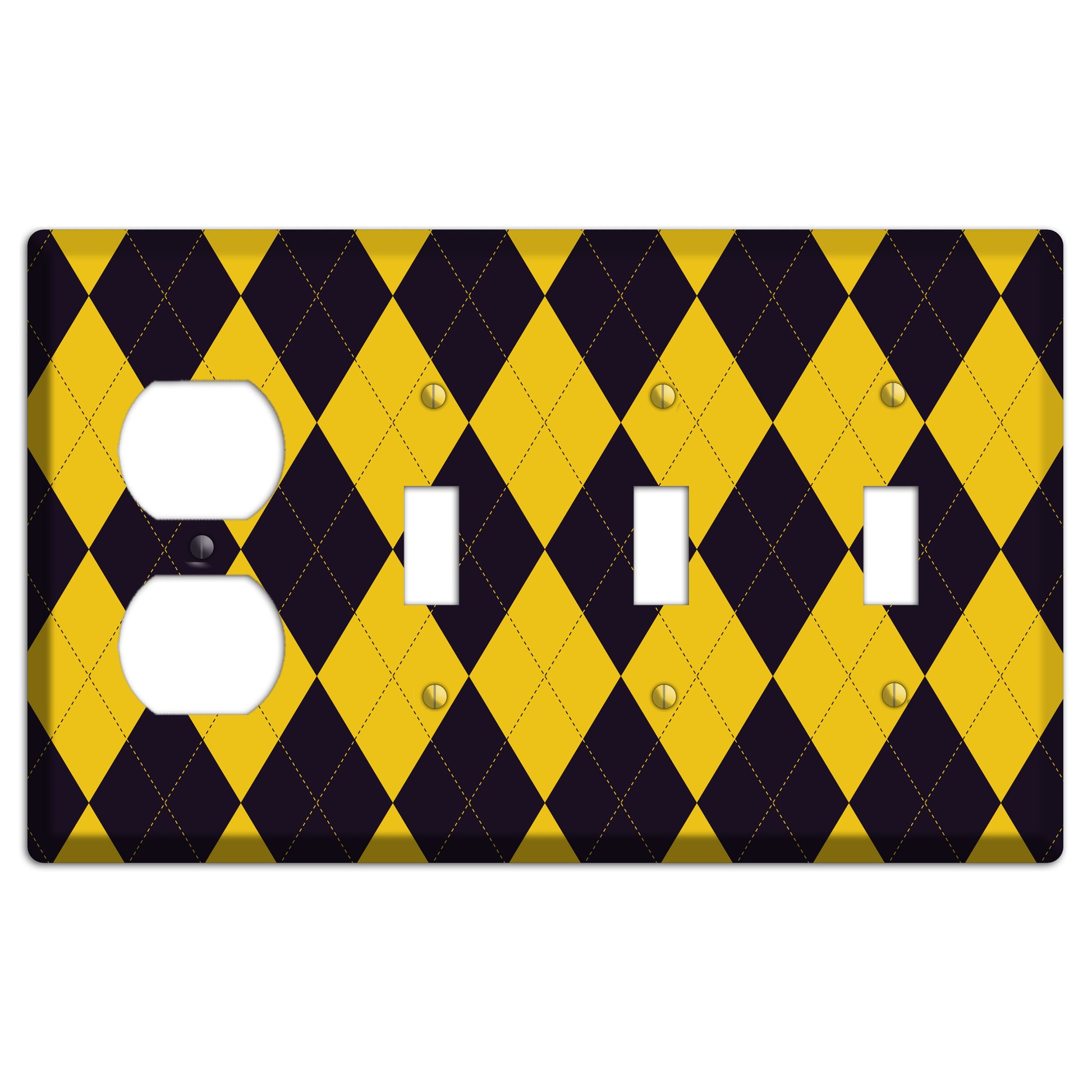 Yellow and Dark Purple Argyle Duplex / 3 Toggle Wallplate