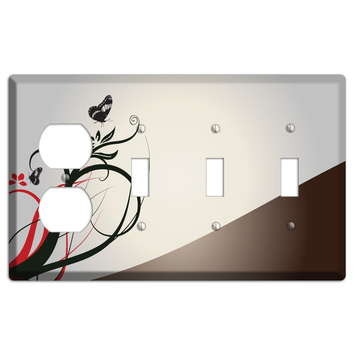 Grey and Red Floral Sprig with Butterfly Duplex / 3 Toggle Wallplate