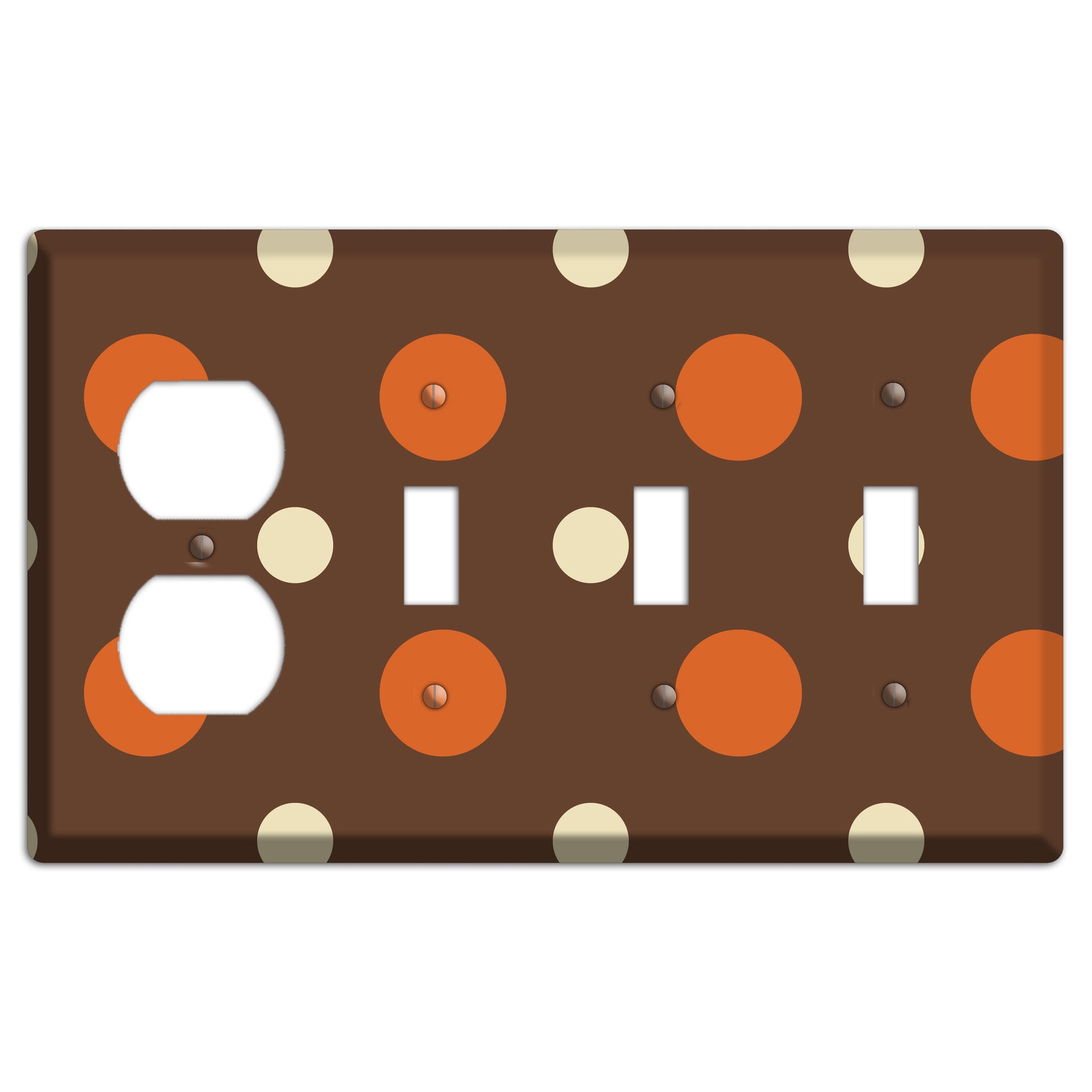 Brown with Coral and Beige Multi Medium Polka Dots Duplex / 3 Toggle Wallplate