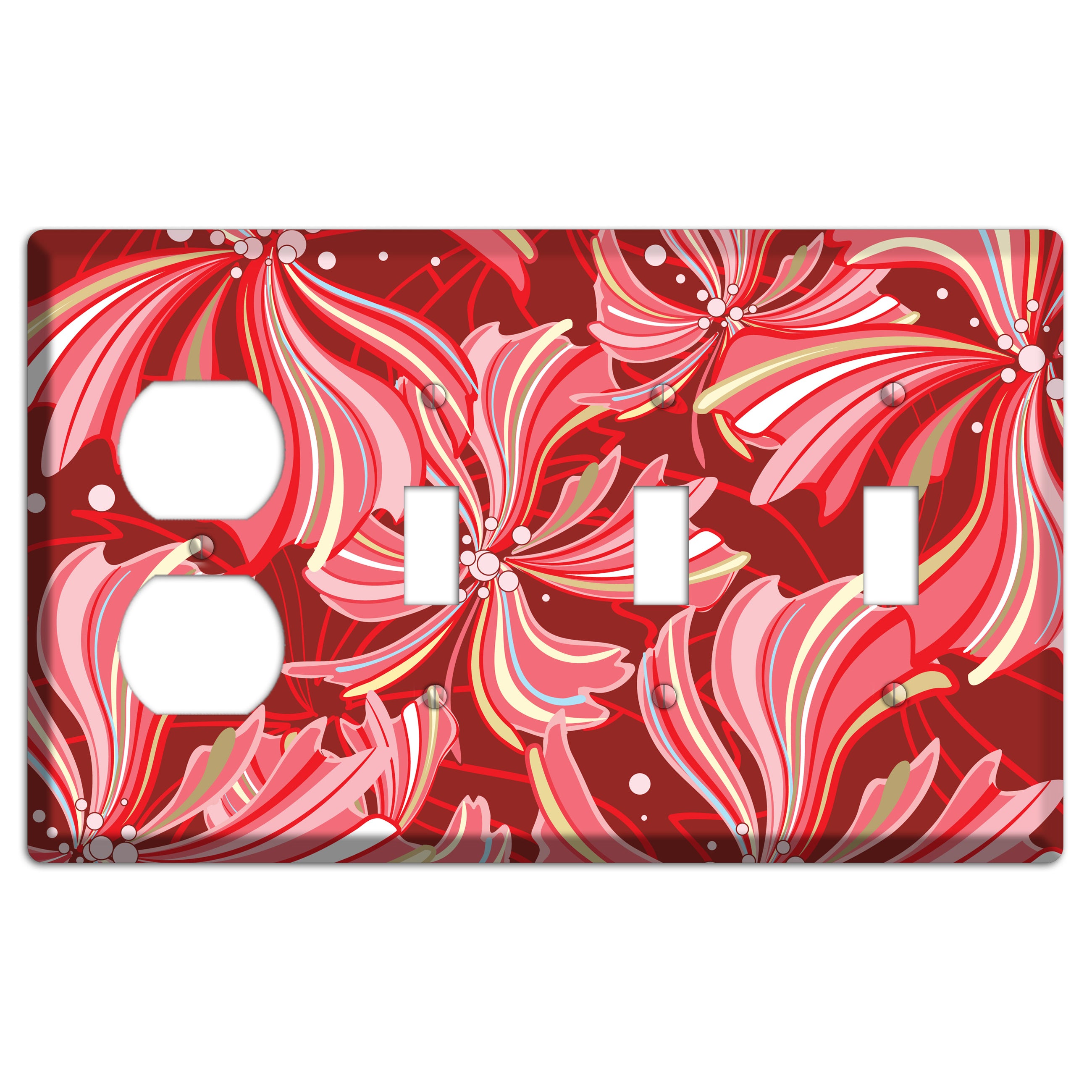 Red Deco Blossoms Duplex / 3 Toggle Wallplate
