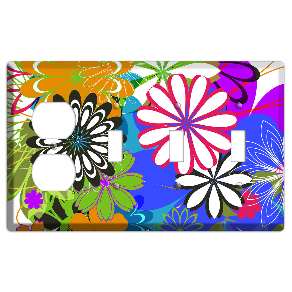 Multi Retro Flowers Duplex / 3 Toggle Wallplate
