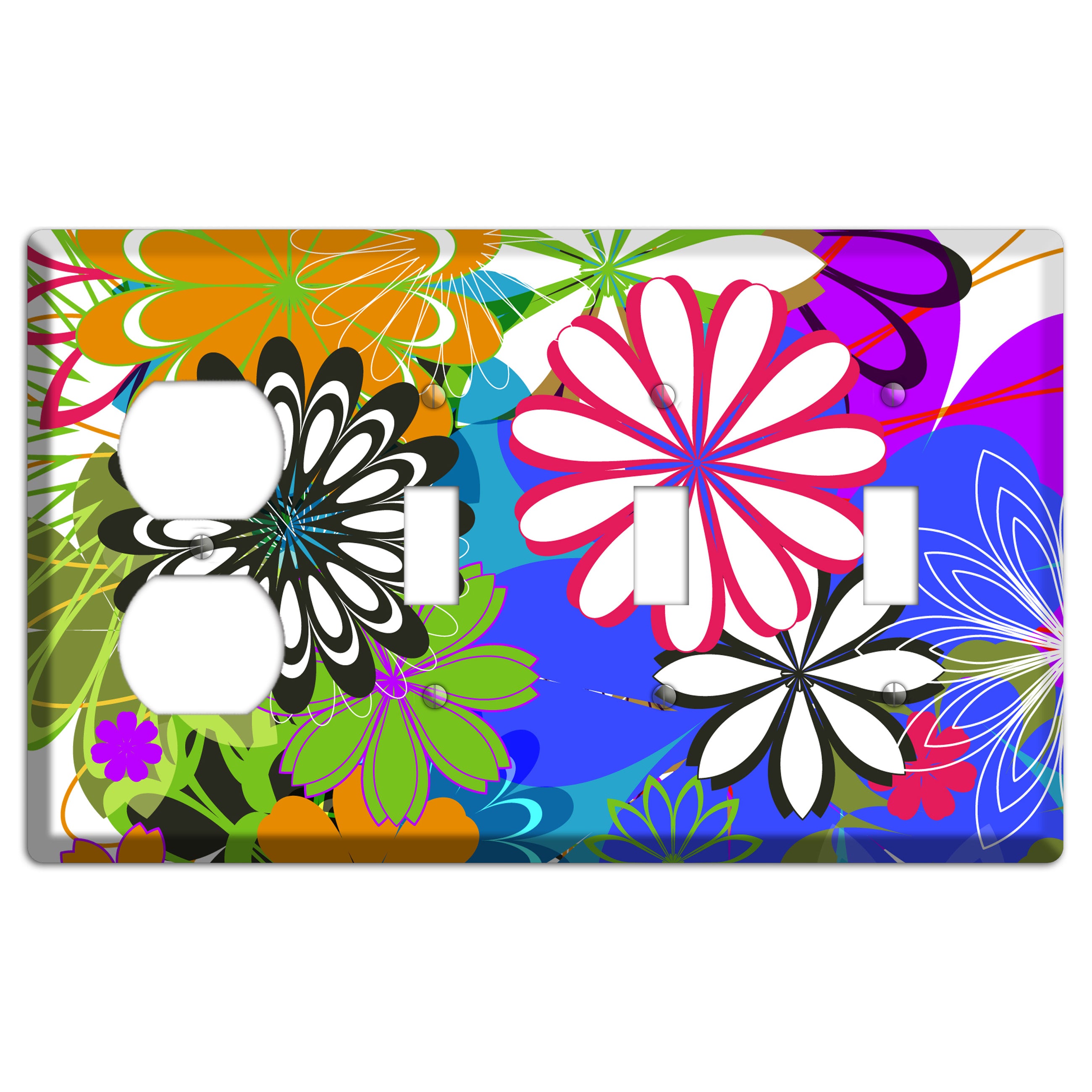 Multi Retro Flowers Duplex / 3 Toggle Wallplate