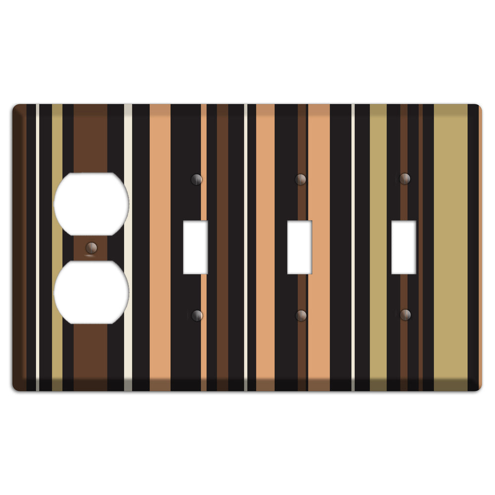 Multi Brown and Coral Vertical Stripe Duplex / 3 Toggle Wallplate