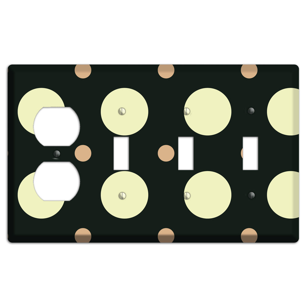Black with Yellow and Mauve Multi Medium Polka Dots Duplex / 3 Toggle Wallplate