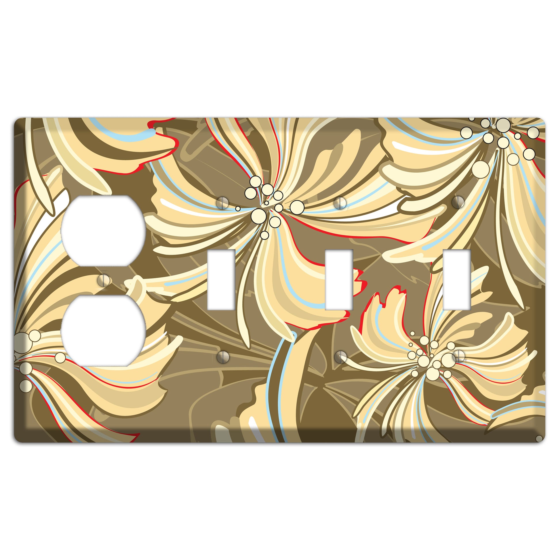 Brown Deco Blossoms Duplex / 3 Toggle Wallplate