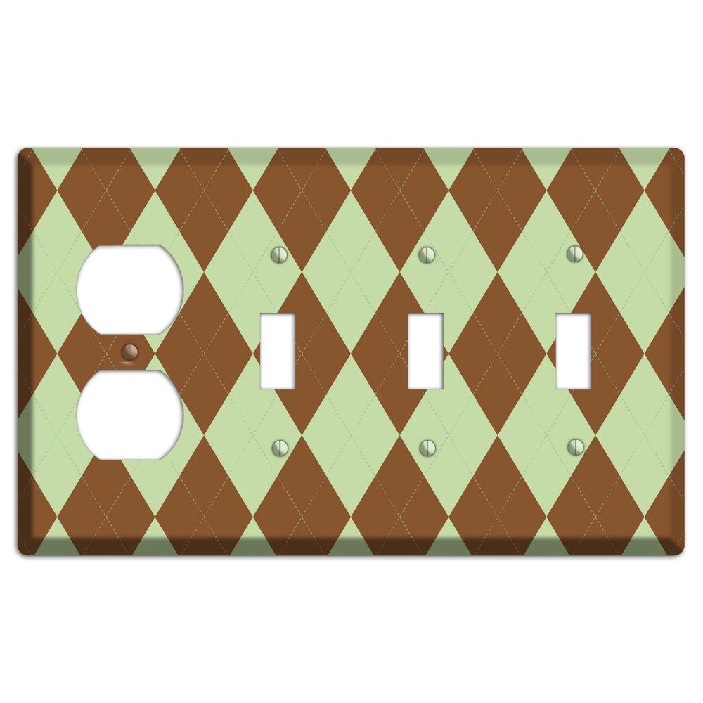 Brown Argyle Duplex / 3 Toggle Wallplate