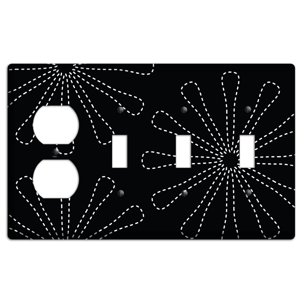 Black with White Retro Stipple Floral Contour Duplex / 3 Toggle Wallplate