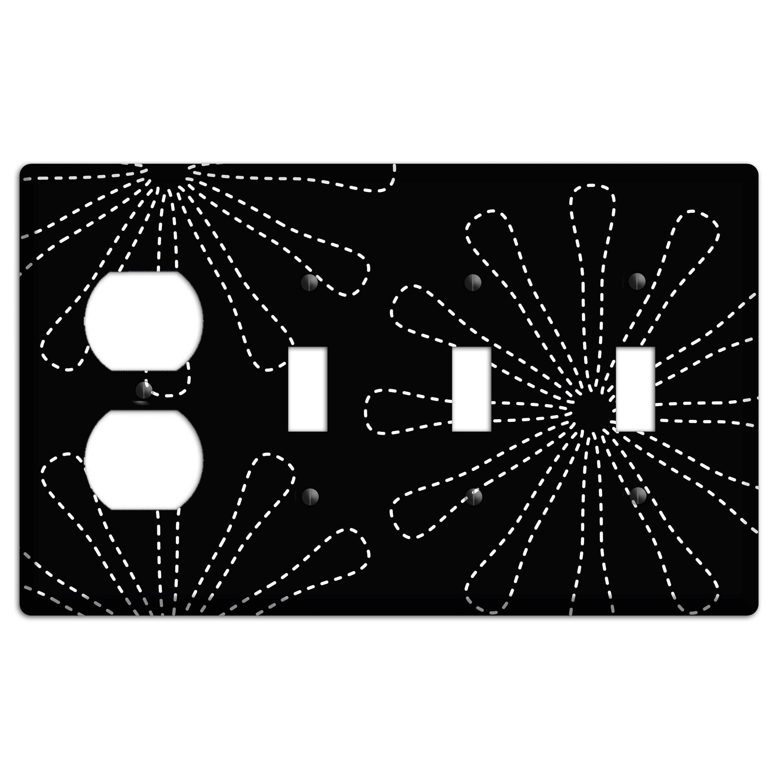 Black with White Retro Stipple Floral Contour Duplex / 3 Toggle Wallplate