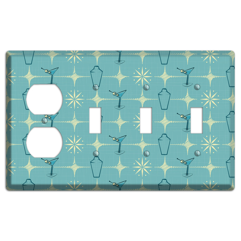 Blue Shaker and Martini Duplex / 3 Toggle Wallplate