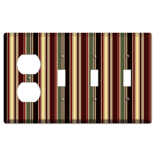 Multi olive and Burgundy Vertical Stripes Duplex / 3 Toggle Wallplate