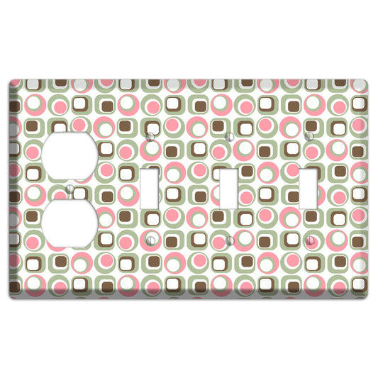 White with Pink Sage Brown Retro Squares and Circles Duplex / 3 Toggle Wallplate