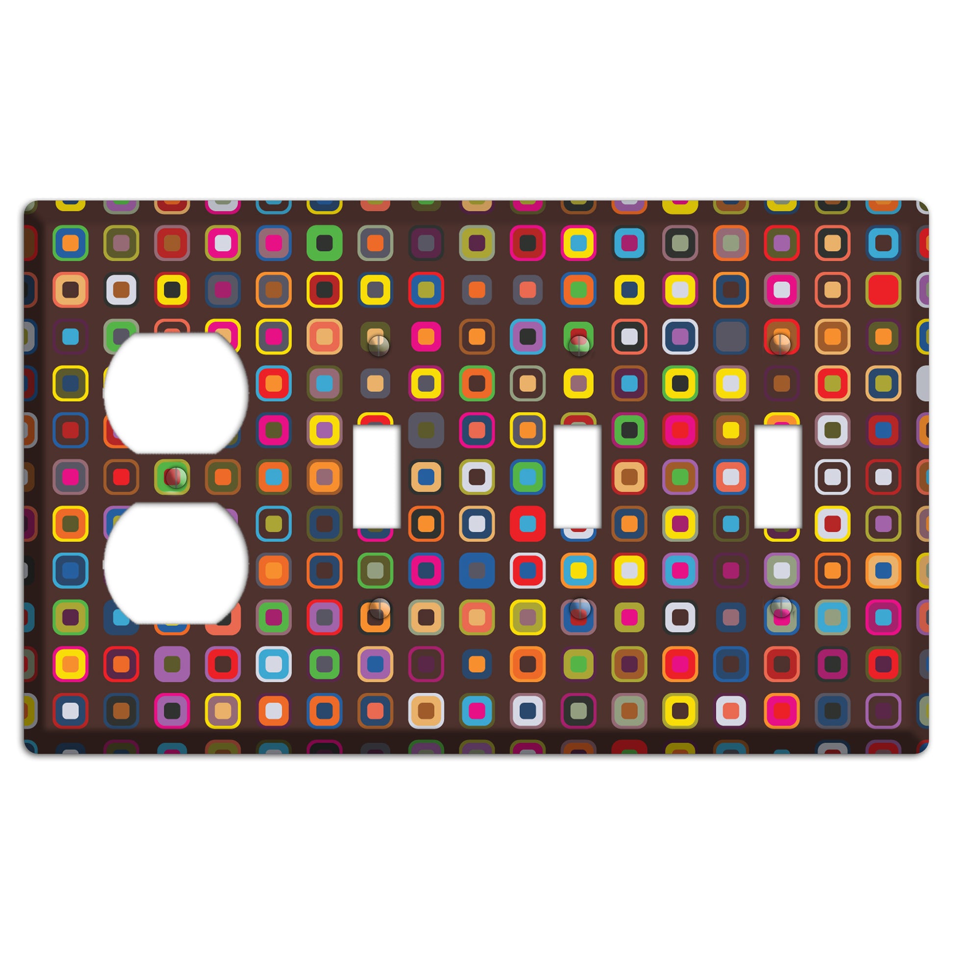 Brown with Multi Retro Squares Duplex / 3 Toggle Wallplate