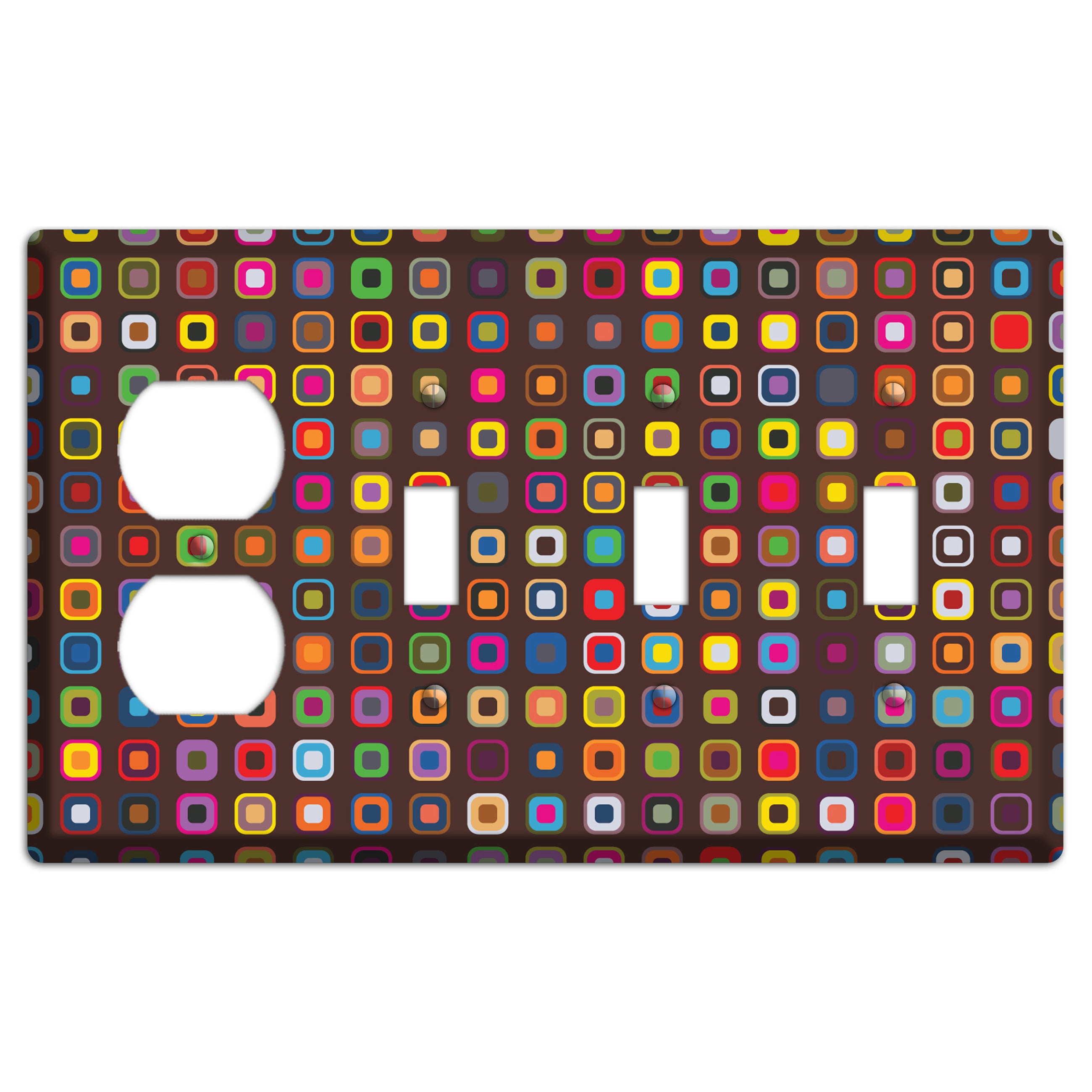 Brown with Multi Retro Squares Duplex / 3 Toggle Wallplate