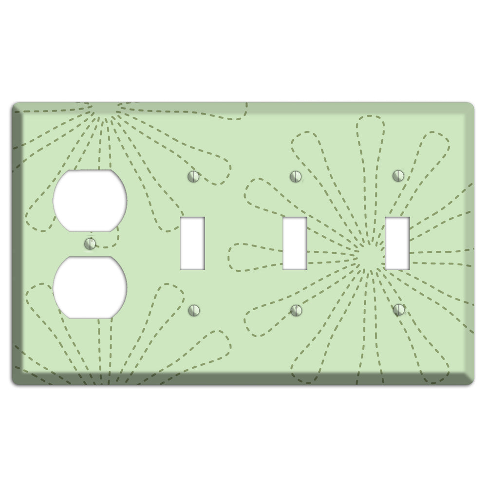 Sage Retro Stipple Floral Contour Duplex / 3 Toggle Wallplate