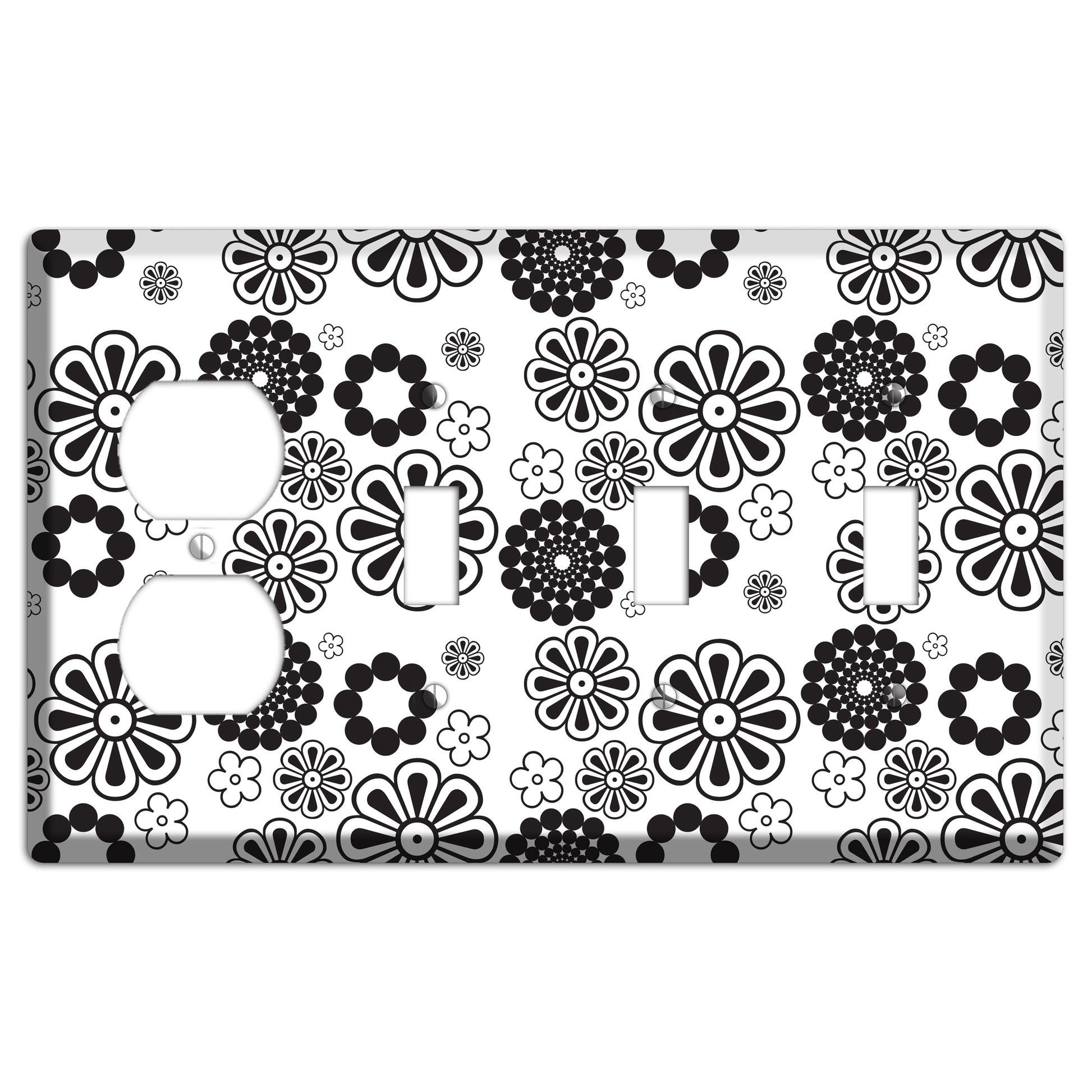 White With Black Retro Floral Contour Duplex / 3 Toggle Wallplate