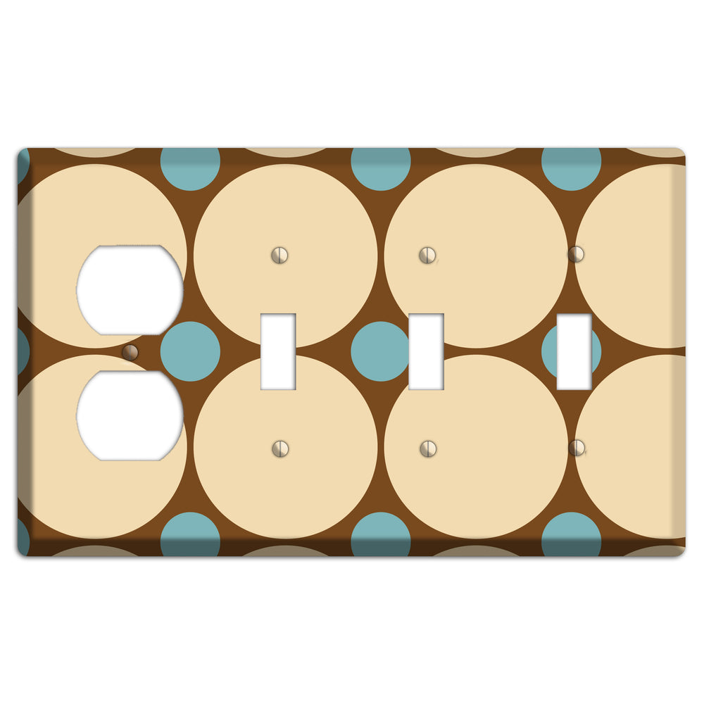 Brown with Beige and Dusty Blue Multi Tiled Large Dots Duplex / 3 Toggle Wallplate