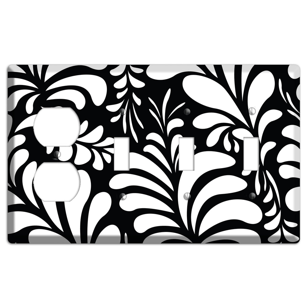 Black with White Herati Duplex / 3 Toggle Wallplate