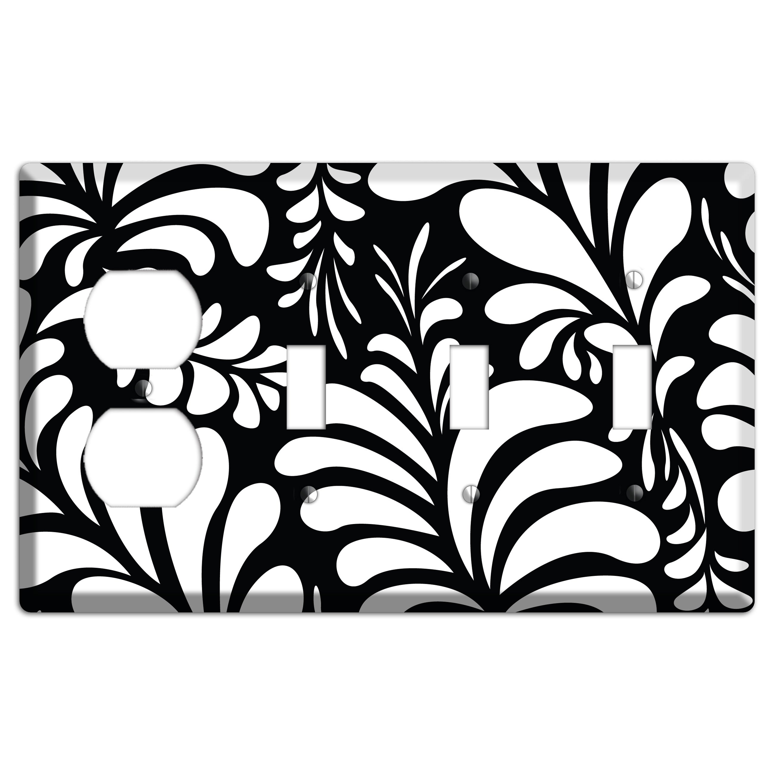 Black with White Herati Duplex / 3 Toggle Wallplate