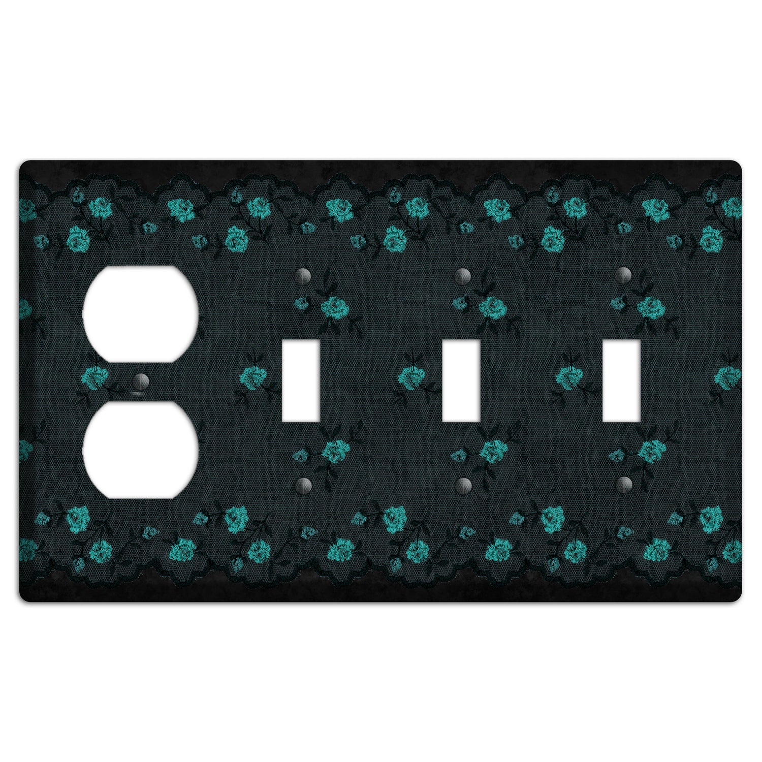 Embroidered Floral Black Duplex / 3 Toggle Wallplate