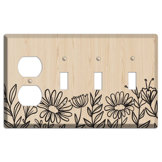 Hand-Drawn Floral 10 Wood Lasered Duplex / 3 Toggle Wallplate
