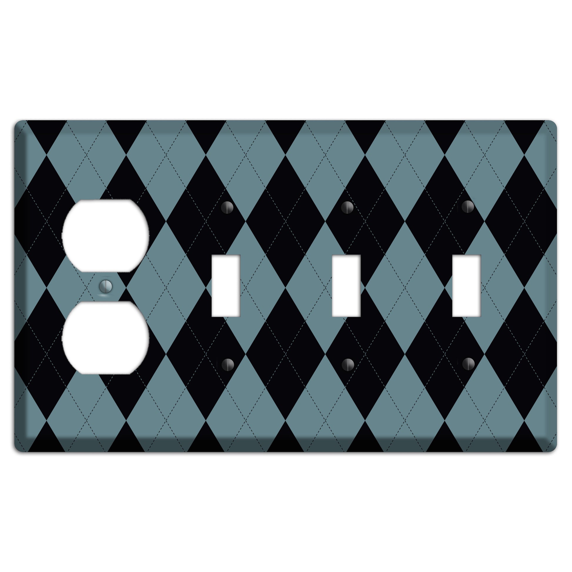 Blue and Black Argyle Duplex / 3 Toggle Wallplate