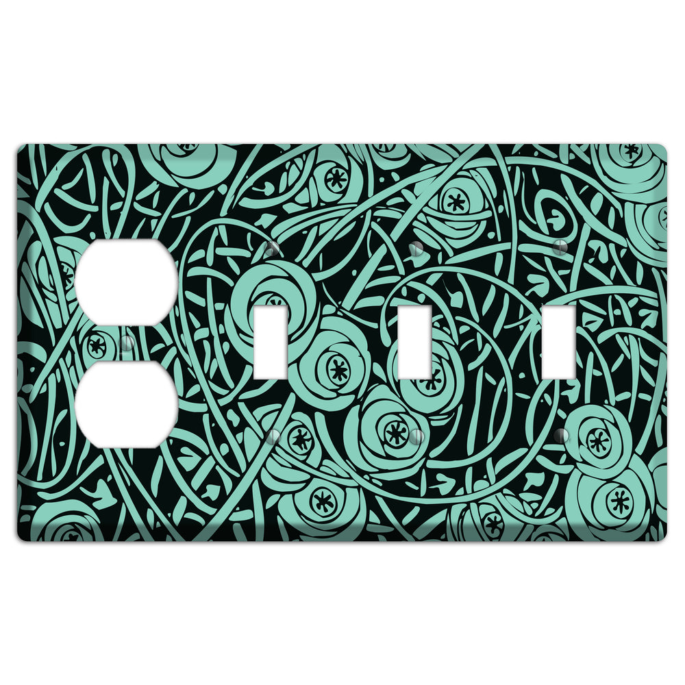 Teal Deco Floral Duplex / 3 Toggle Wallplate