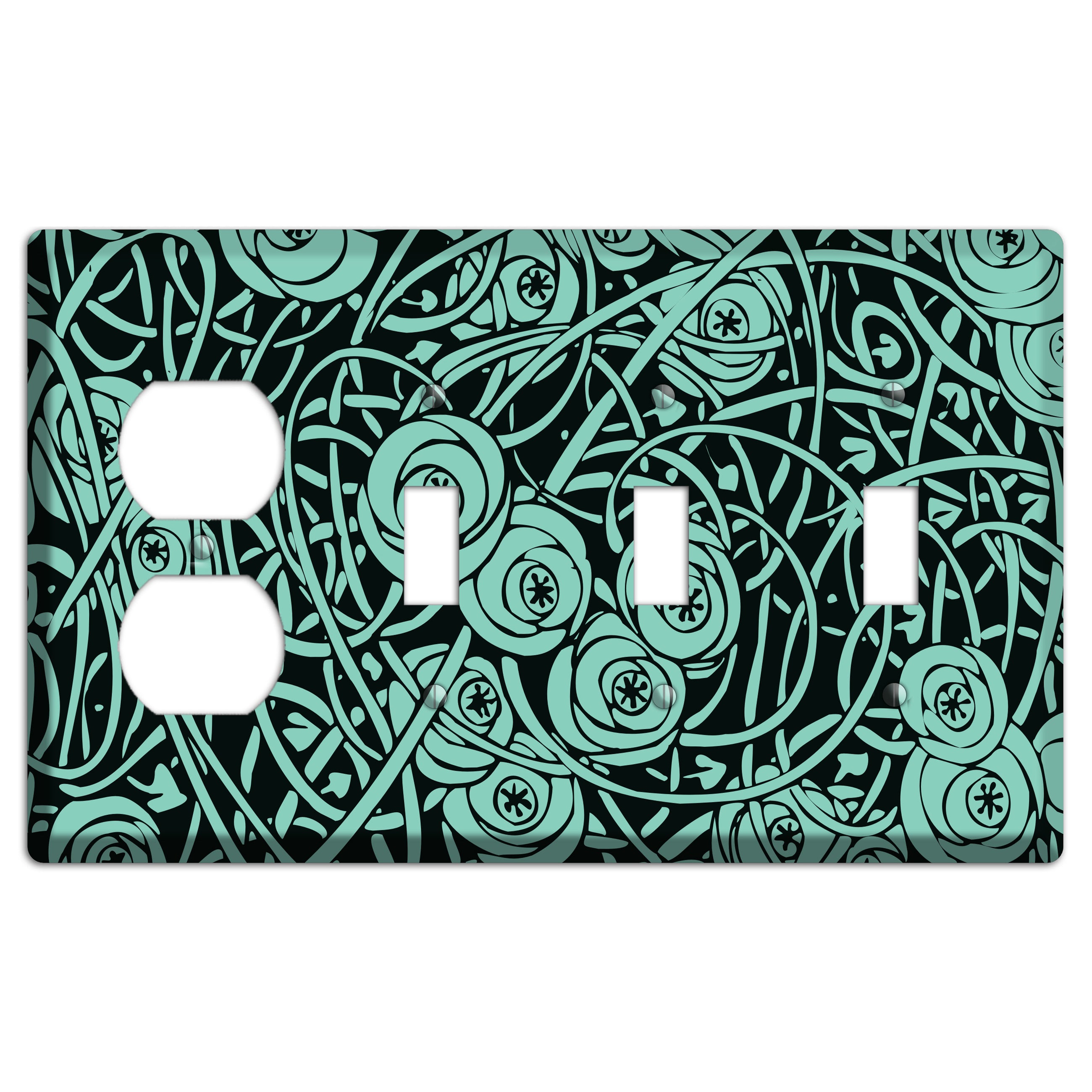 Teal Deco Floral Duplex / 3 Toggle Wallplate