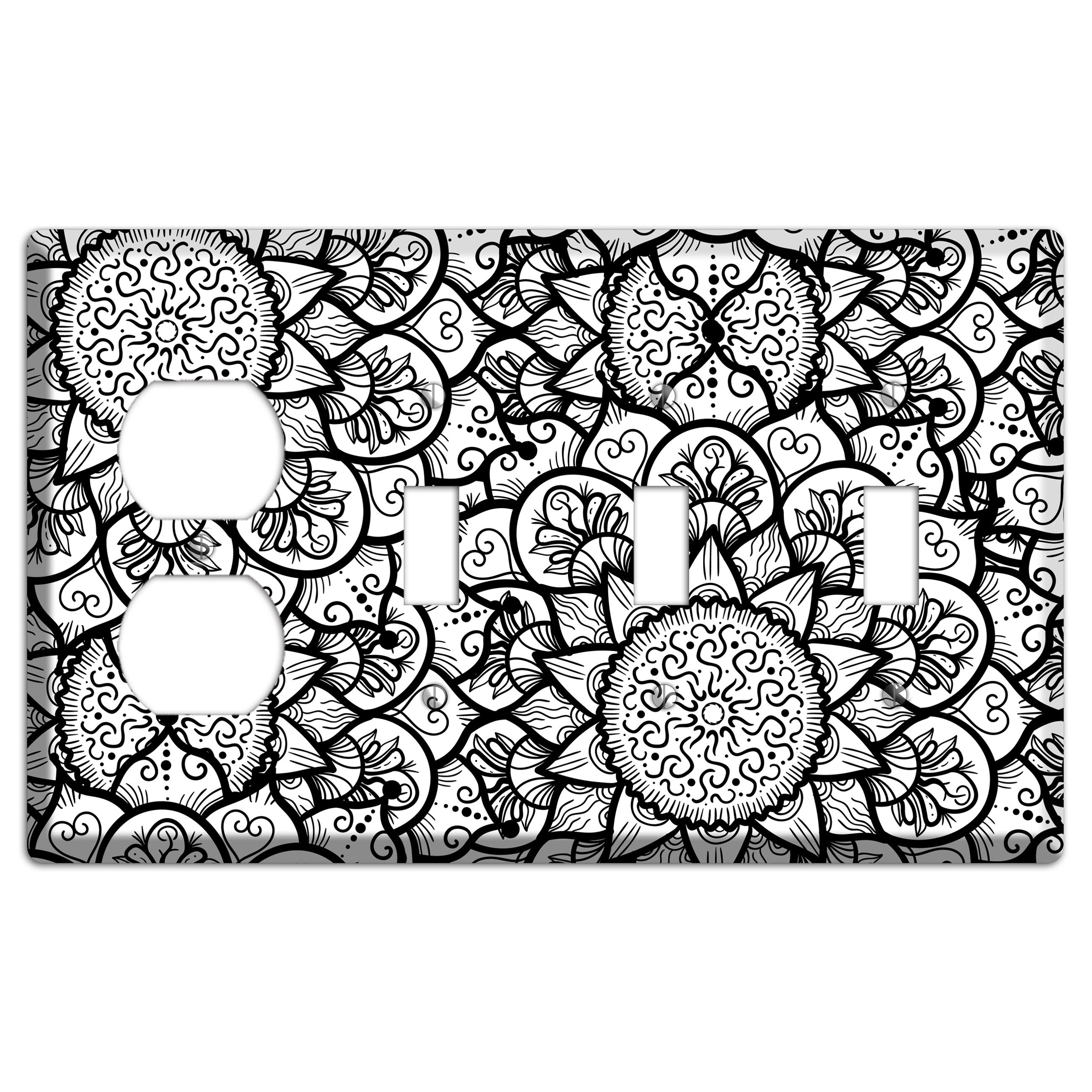 Mandala Black and White Style W Cover Plates Duplex / 3 Toggle Wallplate