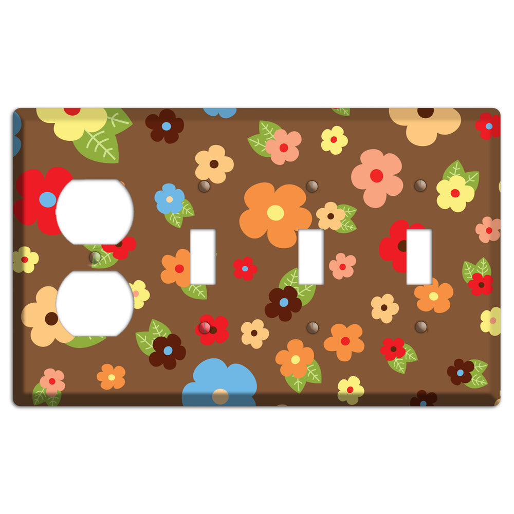 Brown Delicate Flowers Duplex / 3 Toggle Wallplate