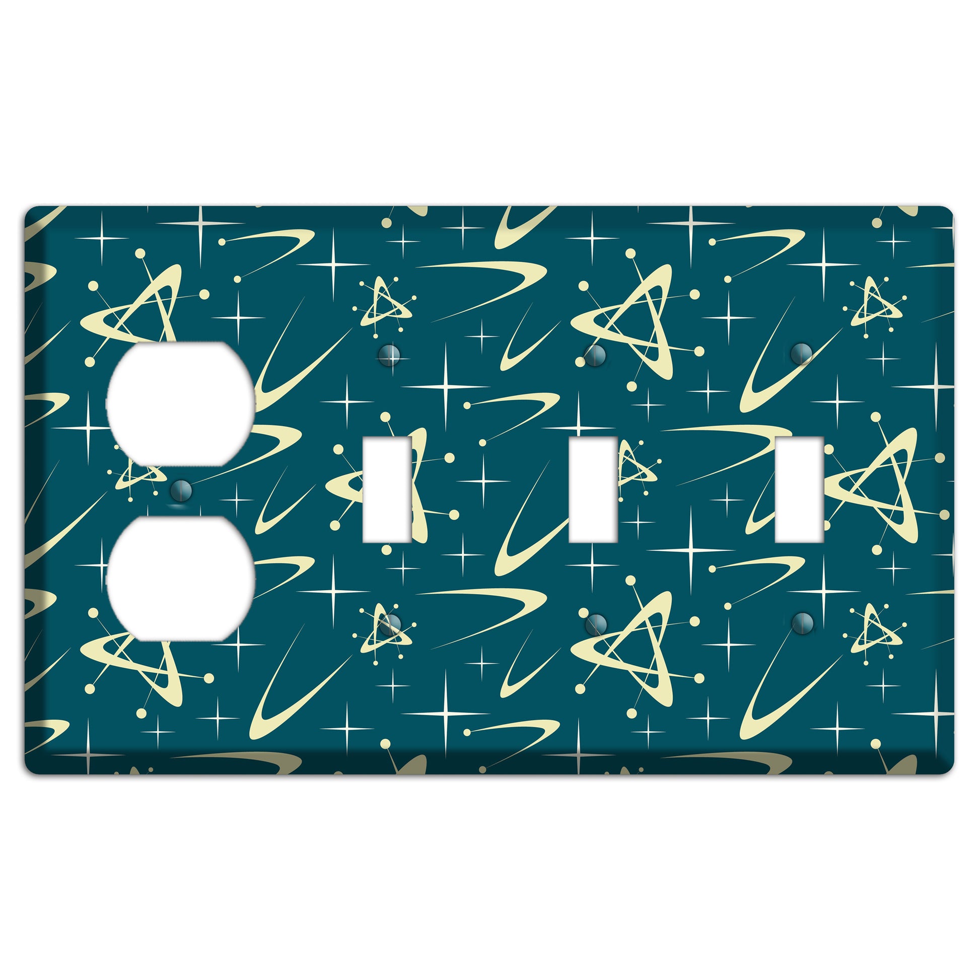 Teal and Yellow Atomic Duplex / 3 Toggle Wallplate