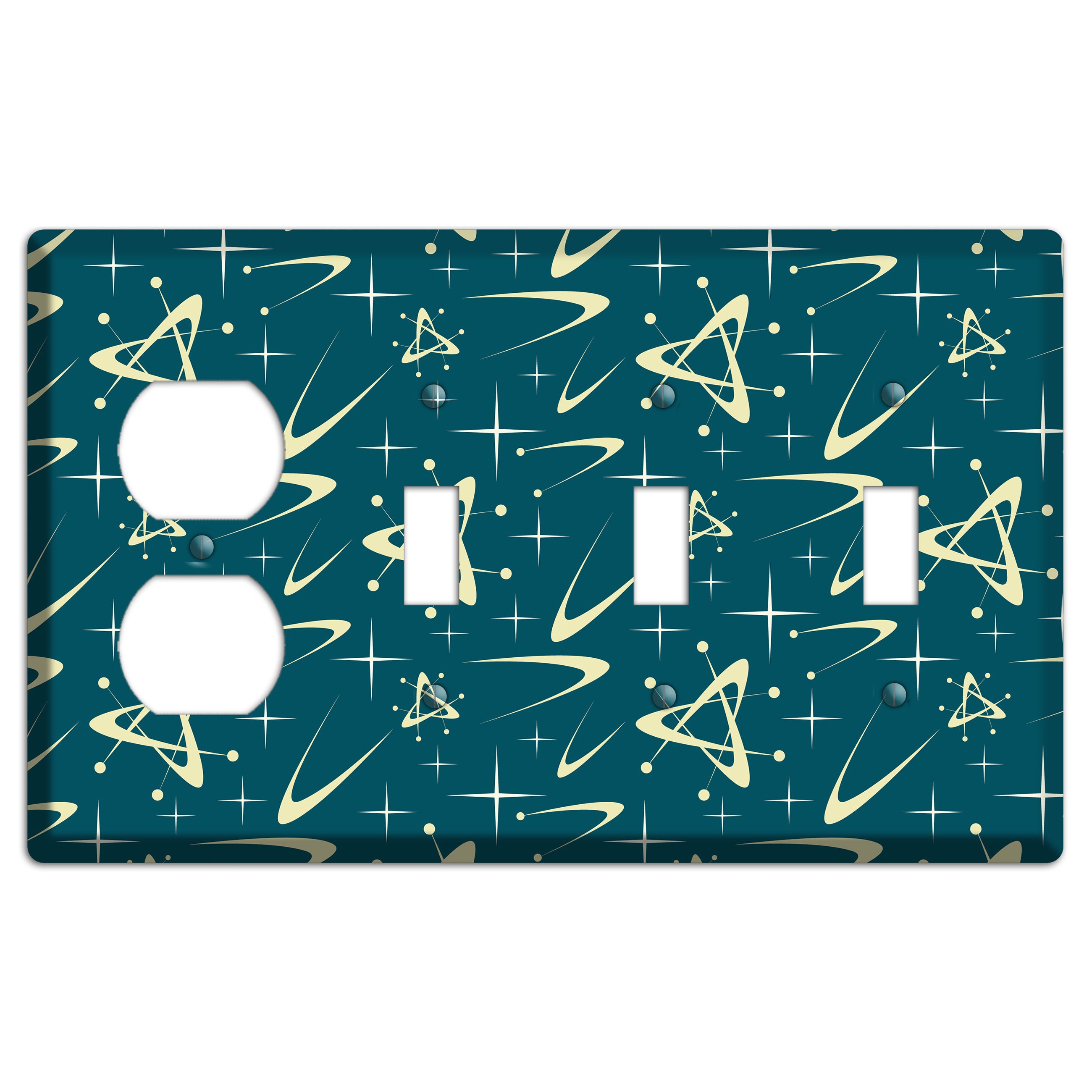 Teal and Yellow Atomic Duplex / 3 Toggle Wallplate