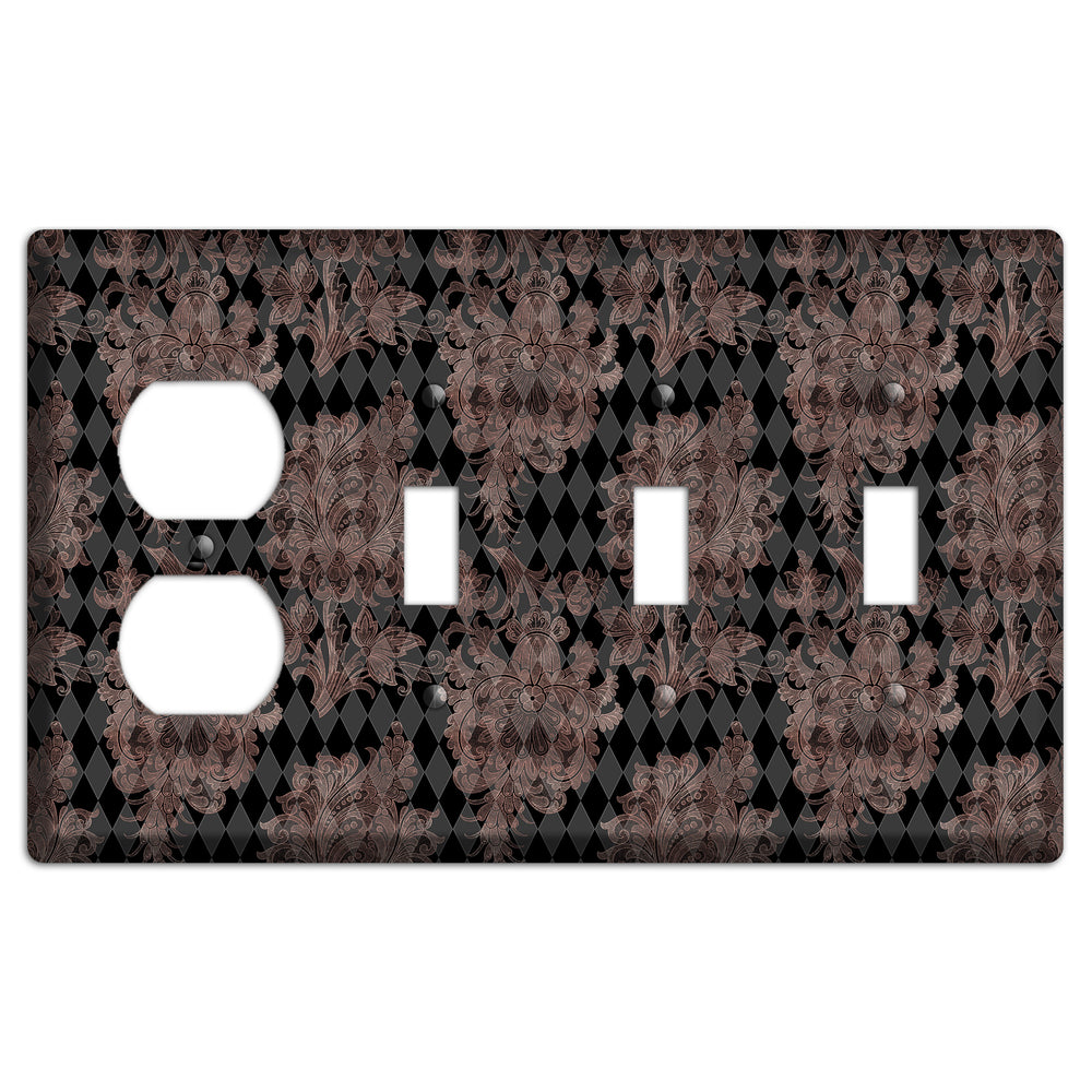 Black and Rose Ornate Diamond Duplex / 3 Toggle Wallplate