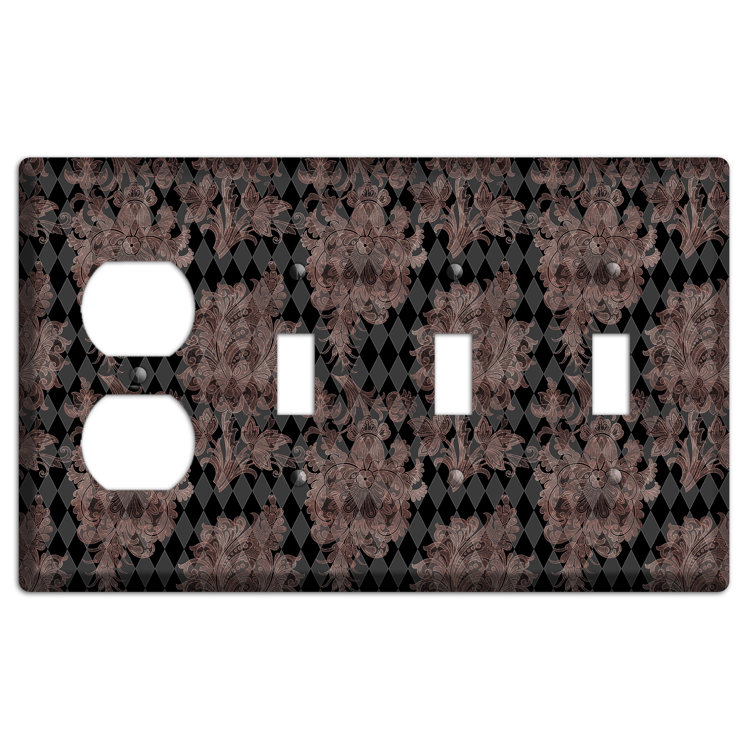 Black and Rose Ornate Diamond Duplex / 3 Toggle Wallplate