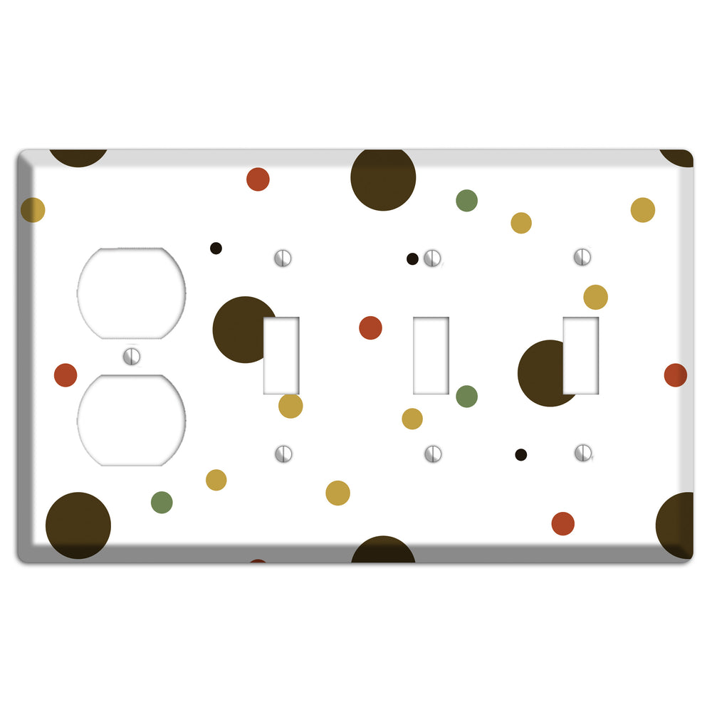 White with Multi Brown Multi Medium Dots Duplex / 3 Toggle Wallplate